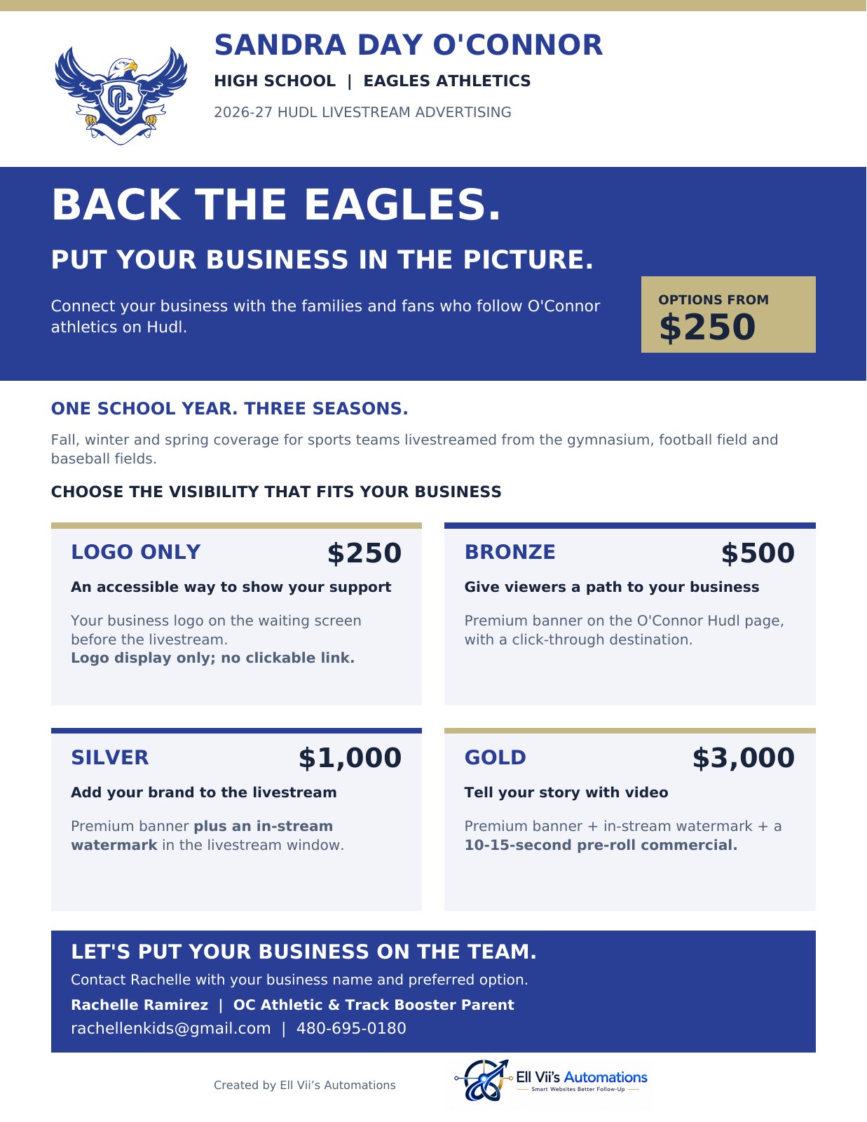 2026–27 SDOHS Hudl advertising flyer. Logo Only $250, Bronze $500, Silver $1,000, Gold $3,000. Full package and contact details are provided below.